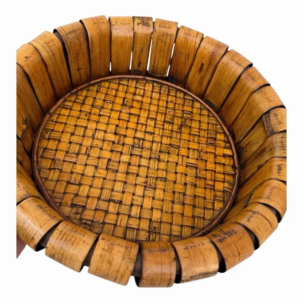 Vintage Hand Woven Wooden Bent Bamboo Slats Fruit Basket/Serving Tray 15”x4.5”